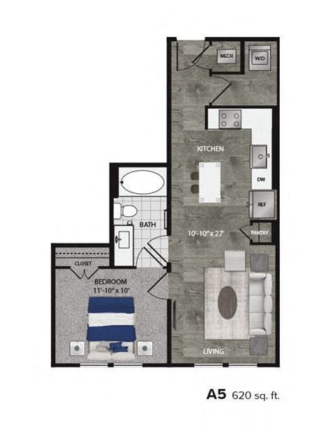 Floor plan for 1 bed, 1 bath, 620 sqft